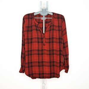 Universal Thread Plaid Henley Blouse - Deep Red & Black- Extra Large